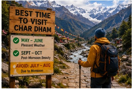 Signpost showing the best time to visit Char Dham - May to June for pleasant weather, September to October for post-monsoon beauty, avoid July to August due to monsoon