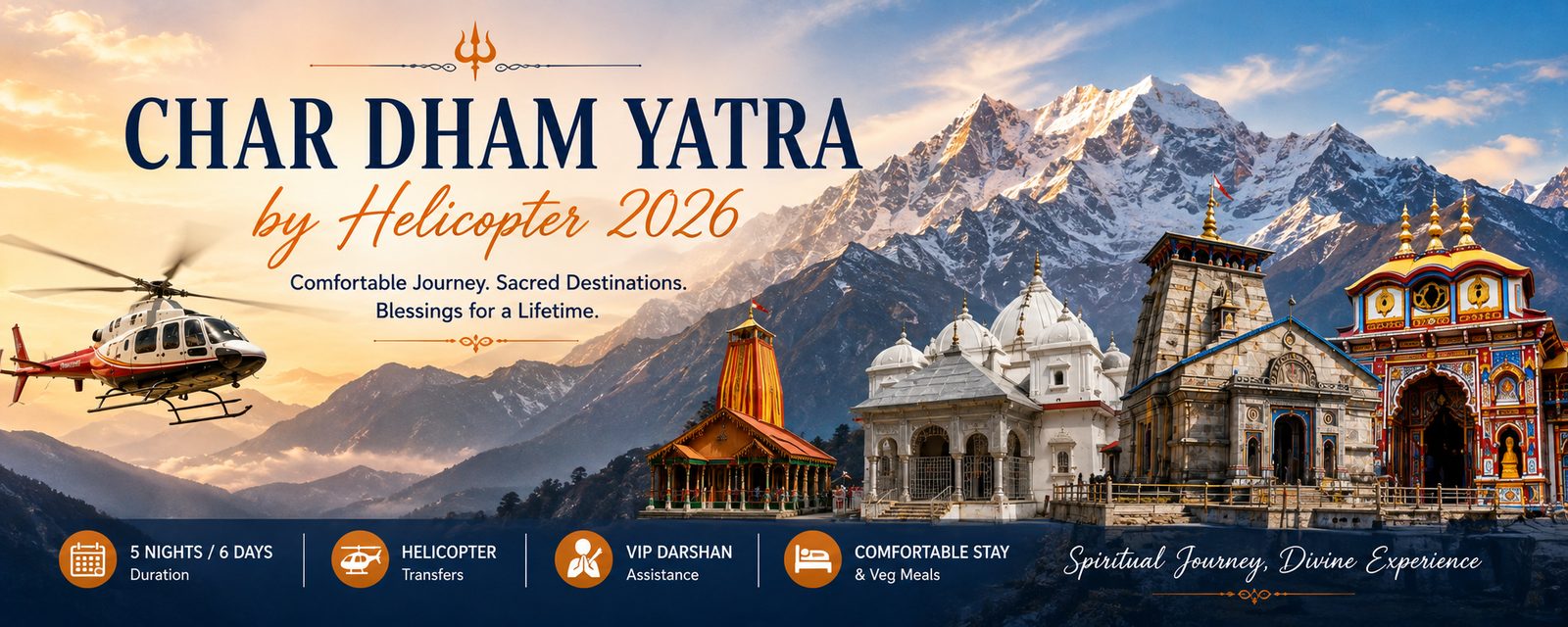 Char Dham Yatra by Helicopter 2026 - the four Dham temples with a helicopter over the Himalayas