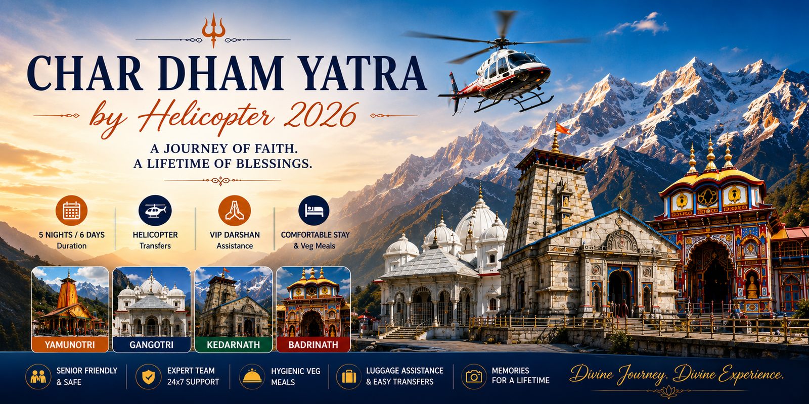 Char Dham Yatra by helicopter 2026 - the four Dham temples set against the Himalayas