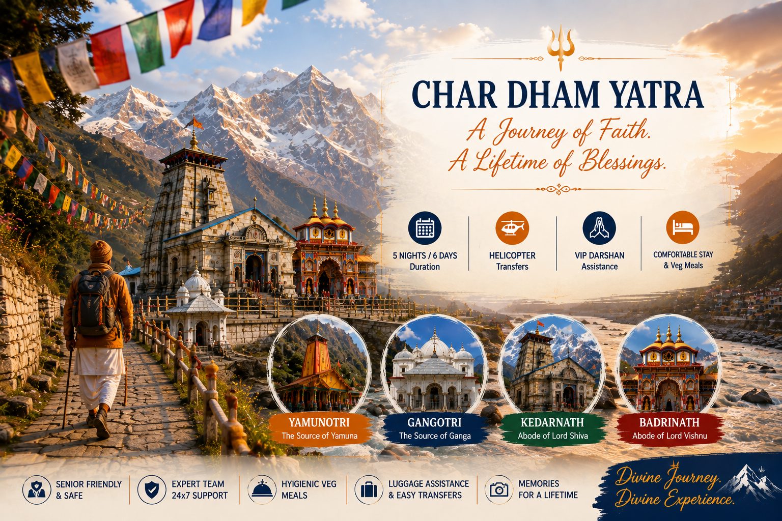 A pilgrim walking a Himalayan temple path lined with prayer flags, with the four Dhams of the Char Dham circuit shown alongside