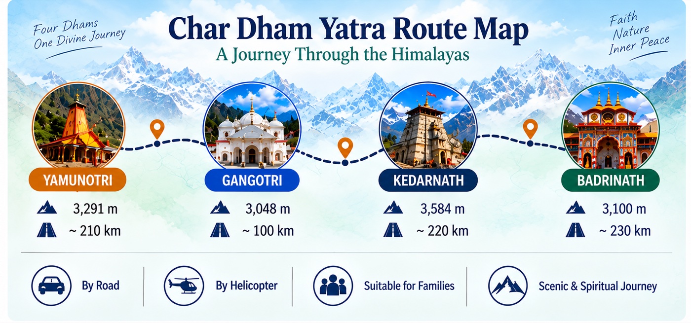 Char Dham Yatra route map - Yamunotri 3,291 m, Gangotri 3,048 m, Kedarnath 3,584 m and Badrinath 3,100 m in west-to-east pilgrimage sequence