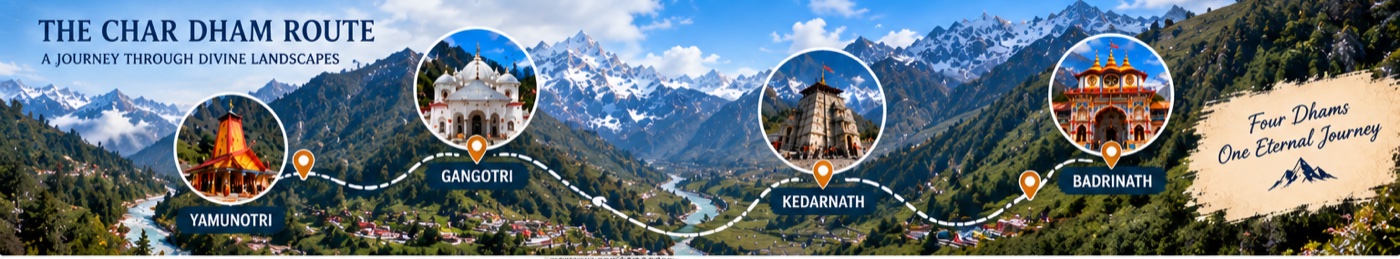 The Char Dham route - Yamunotri, Gangotri, Kedarnath and Badrinath in west-to-east pilgrimage sequence