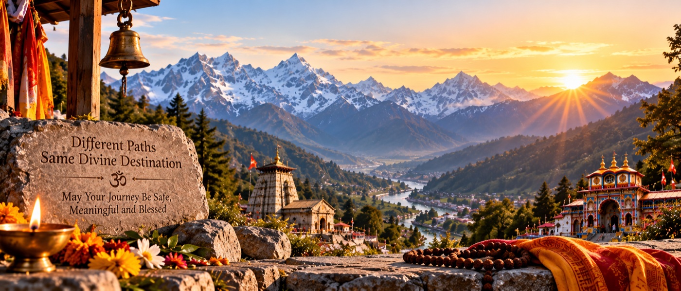 Different paths, same divine destination - Kedarnath and Badrinath temples at Himalayan sunrise