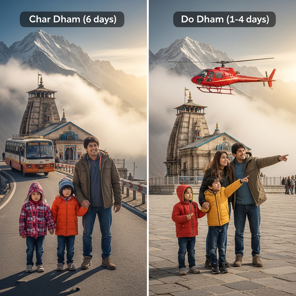Side-by-side comparison: Char Dham 6 days versus Do Dham 1 to 4 days, with families at Kedarnath in both options.