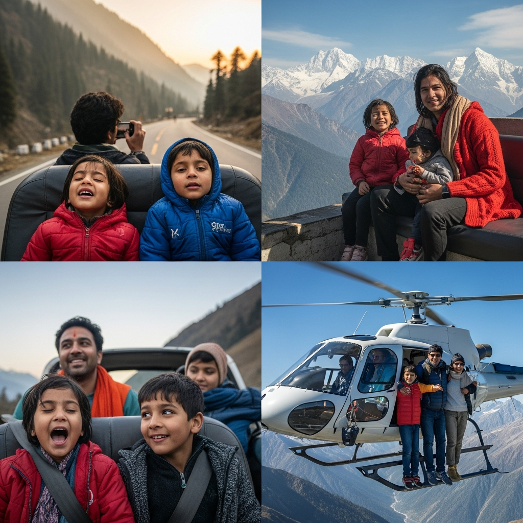 Families with children on Char Dham yatra — kids in helicopters, with parents at viewpoints, and during the road portions.