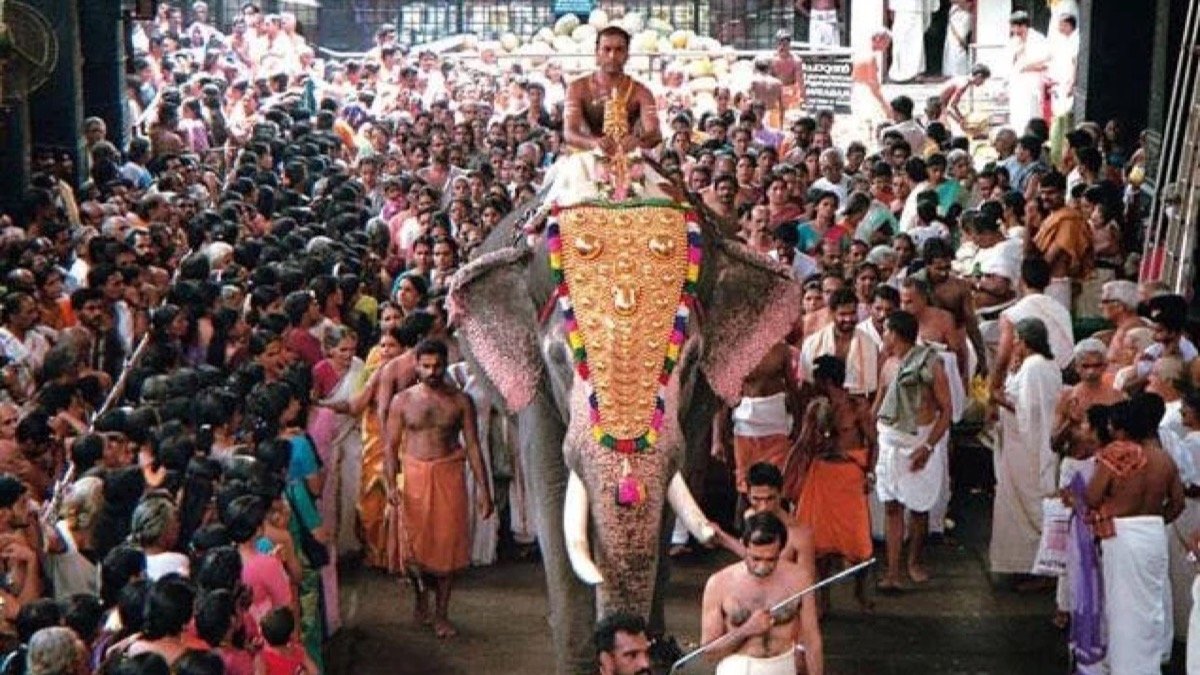 Decorated elephants in the Guruvayur Utsavam Aanayottam elephant race procession