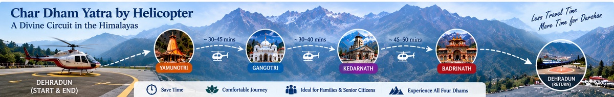 Char Dham helicopter charter route from Dehradun through Yamunotri, Gangotri, Kedarnath and Badrinath