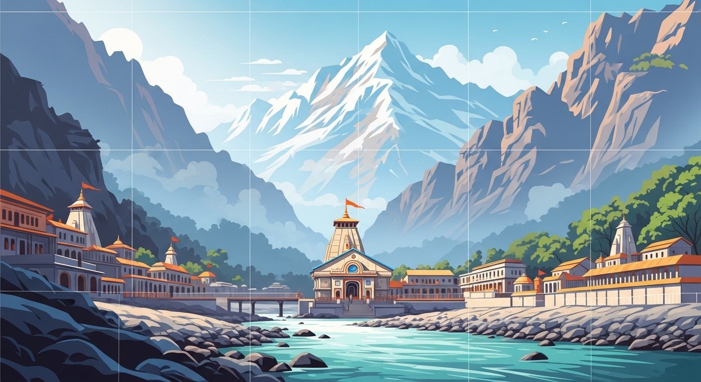 Badrinath Dham temple under the snow-capped Nilkantha peak in Uttarakhand