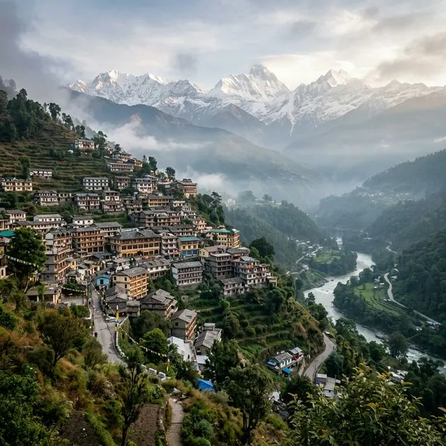 Chopta valley with snow peaks and pine forest