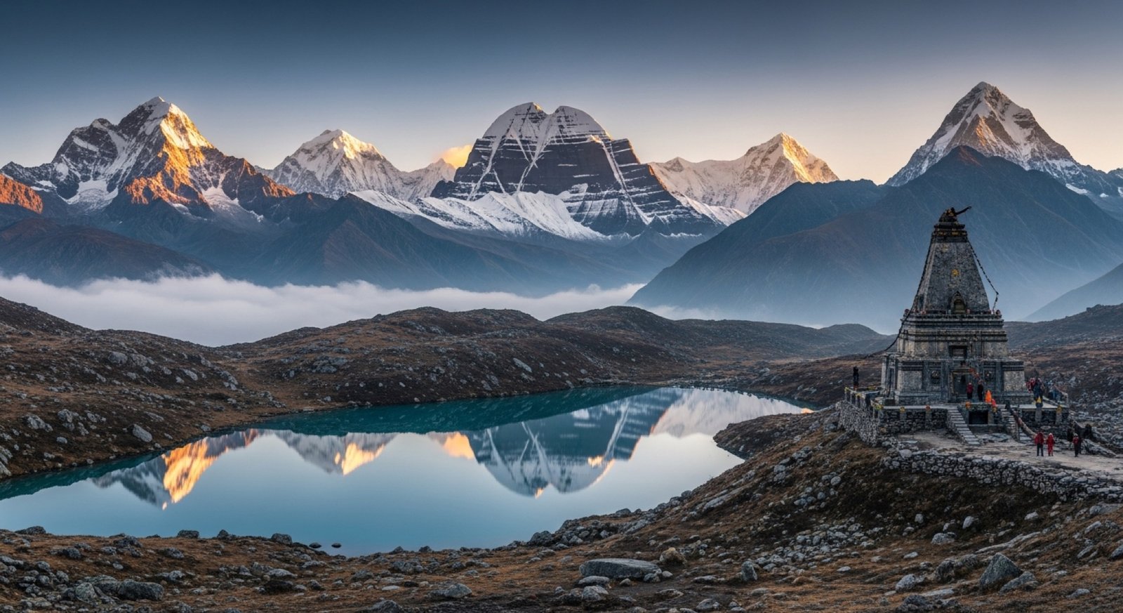 Himalayan snow peaks reflected in a sacred lake at sunrise, with a stone temple on the ridge - the classic Char Dham landscape