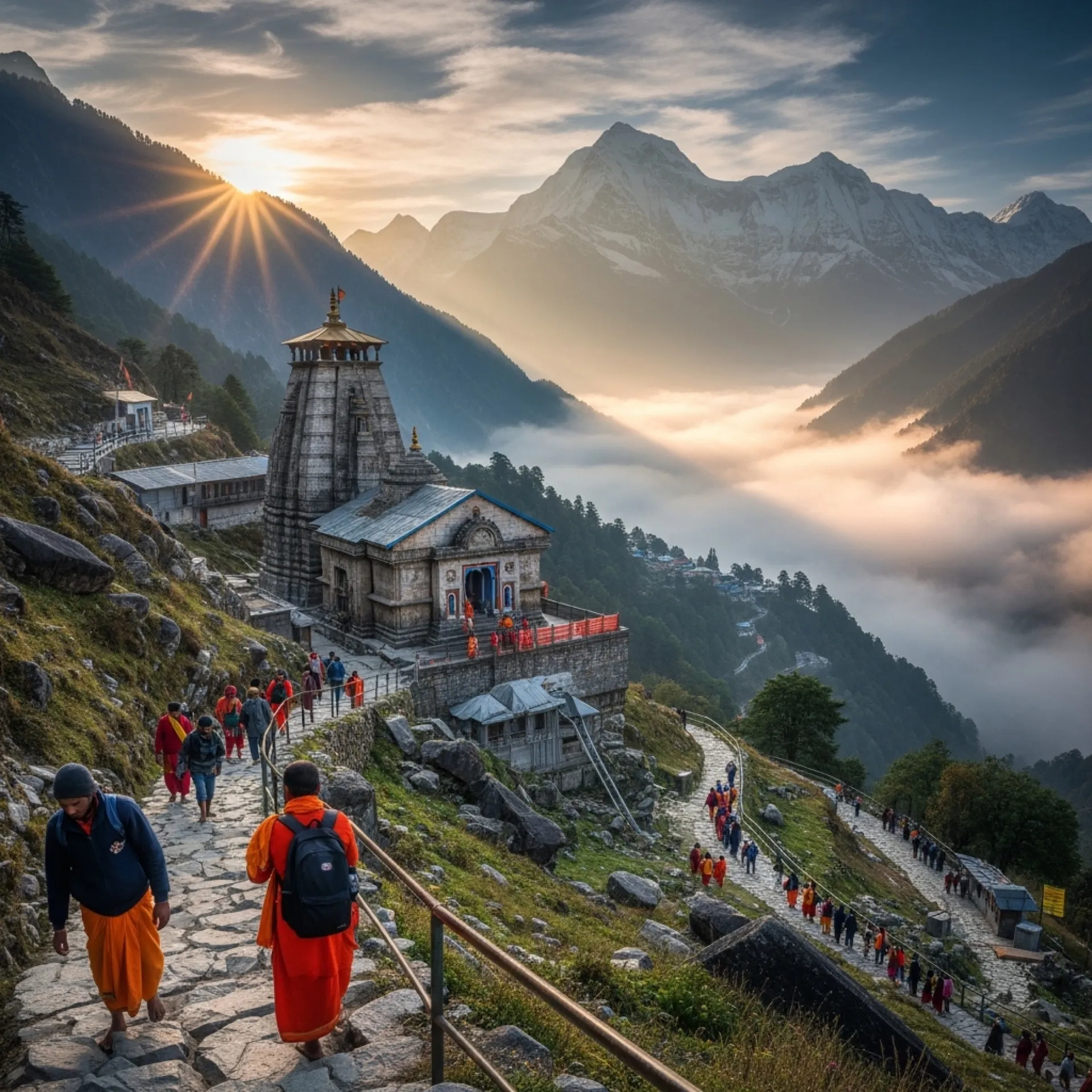 Pilgrims on the trail to Kedarnath temple at sunrise