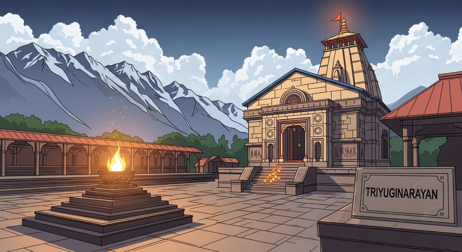 Stylised illustration of the Akhand Dhuni - the eternal flame at Triyuginarayan Temple