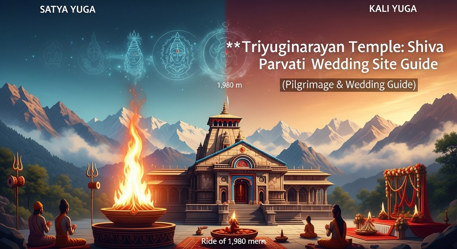 Diagram showing the four yugas - Satya, Treta, Dvapara, Kali - and the continuous burning of the Akhand Dhuni at Triyuginarayan