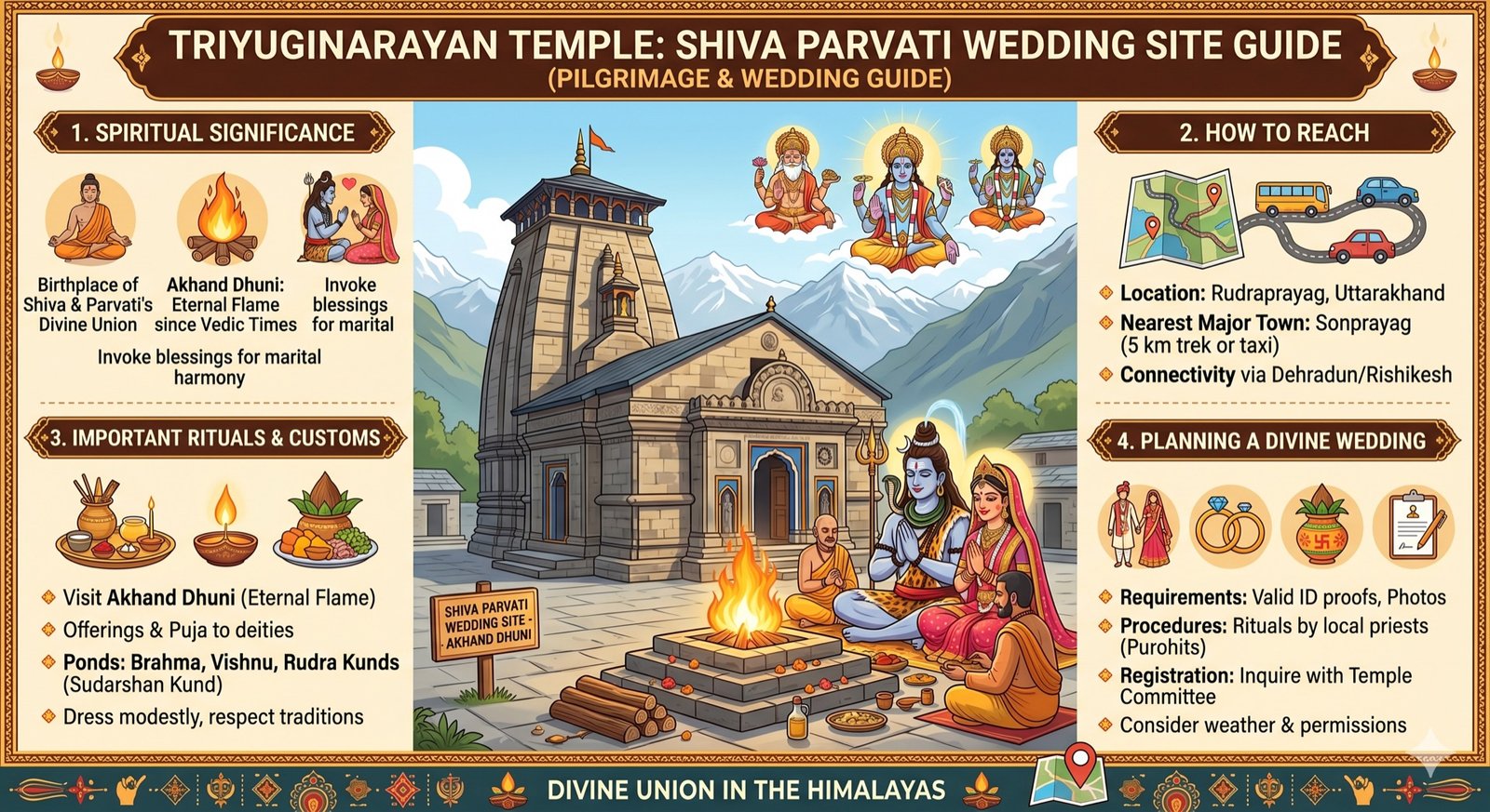 Triyuginarayan wedding guide infographic - procedures, costs, ritual flow, and on-site requirements