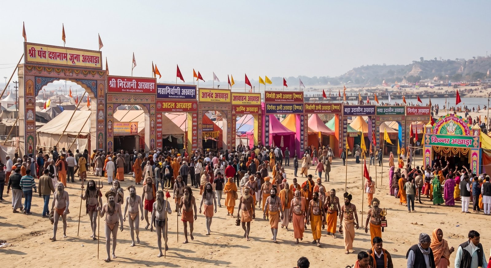 Akhara procession during a Shahi Snan at Haridwar, Naga Sadhus in formation