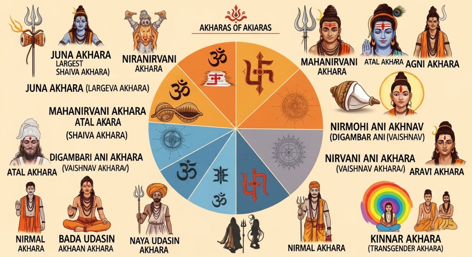 Wheel diagram of the 14 Akharas of the Kumbh Mela, grouped by sect