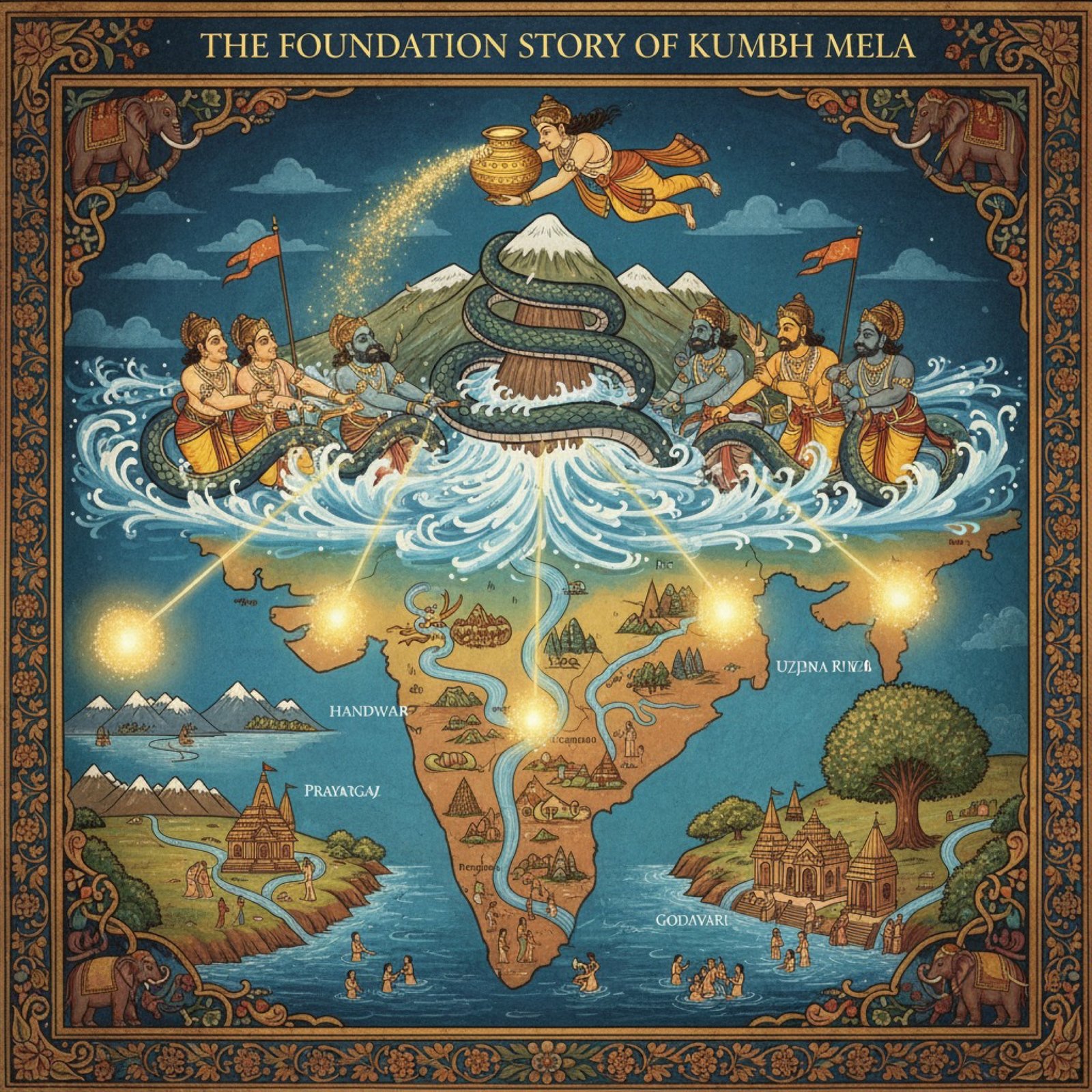 Samudra Manthan - the churning of the ocean, Puranic foundation of the Kumbh Mela