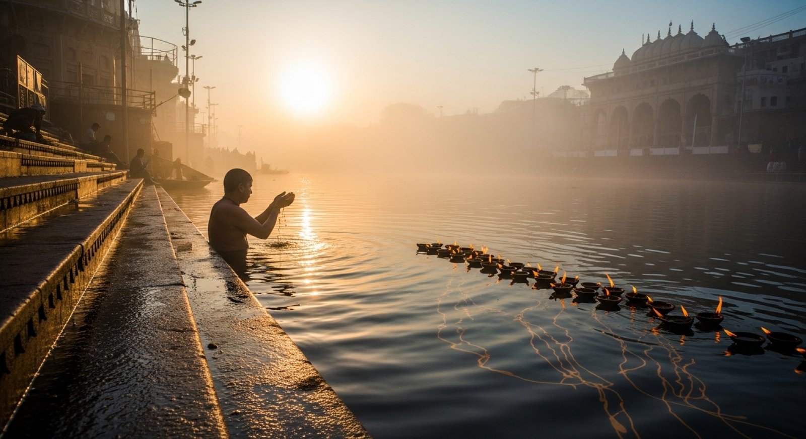 Haridwar ghat at sunrise with a pilgrim offering prayer, oil lamps on the river