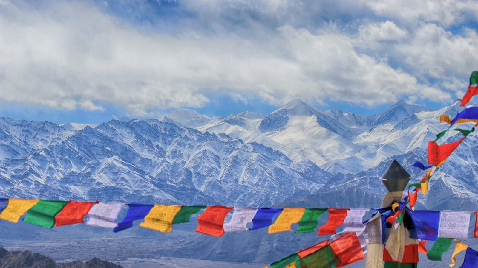 Prayer flags strung across a Ladakh mountain pass