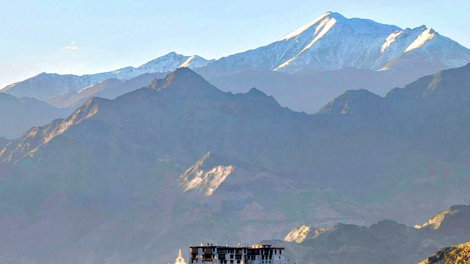 Leh Palace above autumn poplar trees, Ladakh