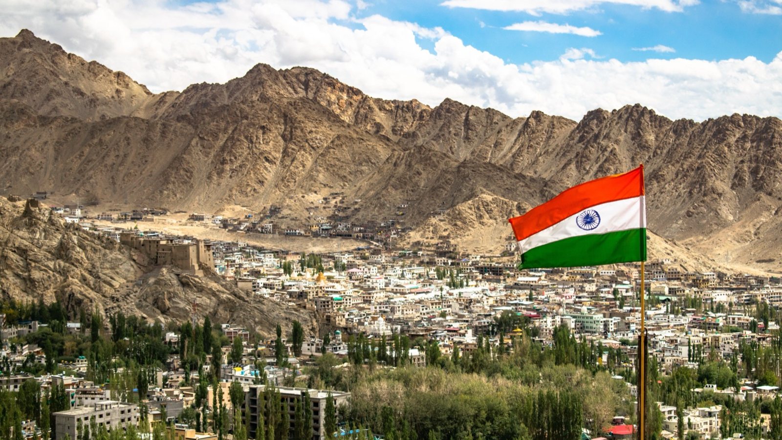 An Indian flag flying above Leh town, Ladakh