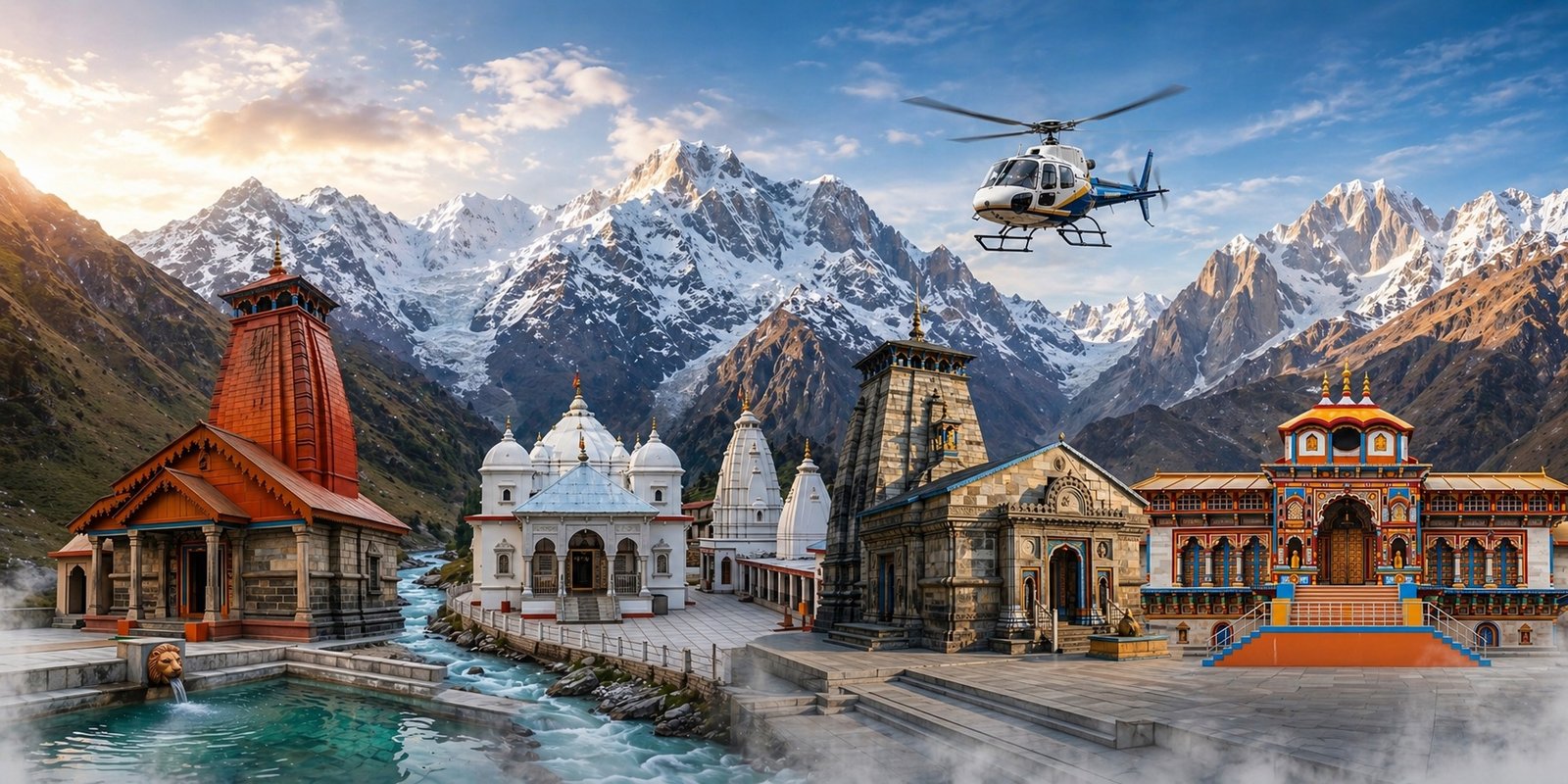 The four sacred Char Dham temples - Yamunotri, Gangotri, Kedarnath, Badrinath - with a helicopter in flight against the snow-capped Himalayas
