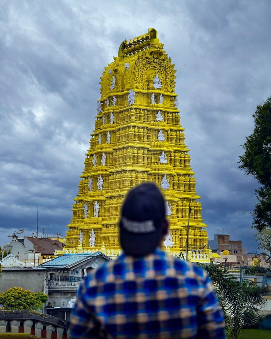 Pilgrim looking up at a golden-hued temple gopuram