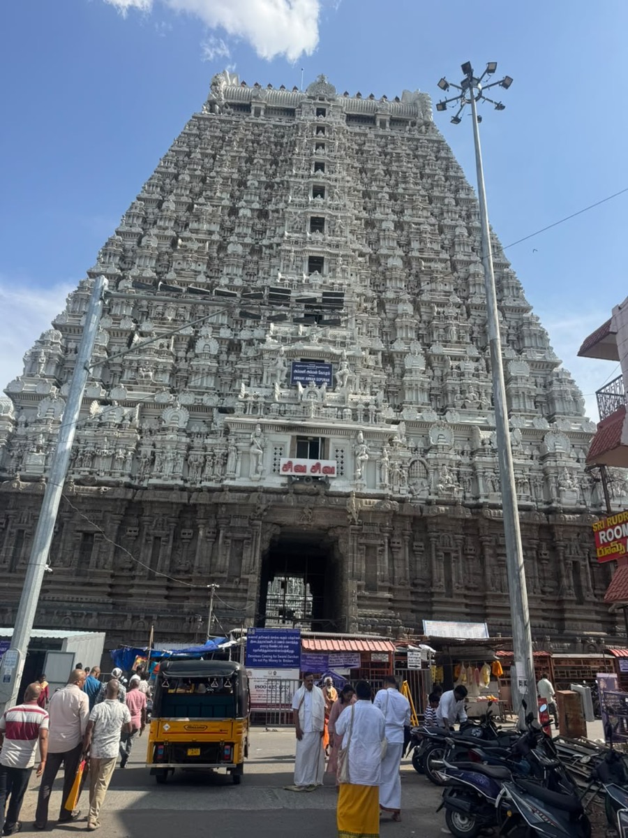 Pilgrims at the base of a monumental granite rajagopuram