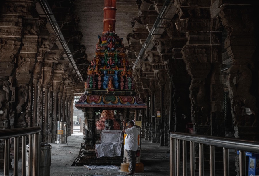Pillared mandapam corridor inside a South Indian temple