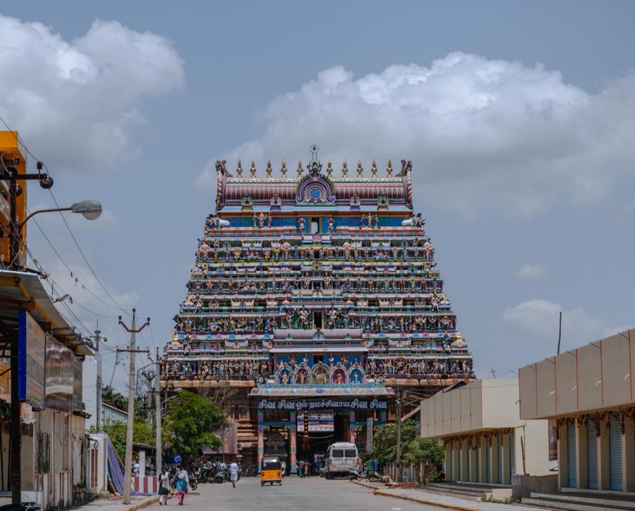 Temple-town street leading to a broad rajagopuram