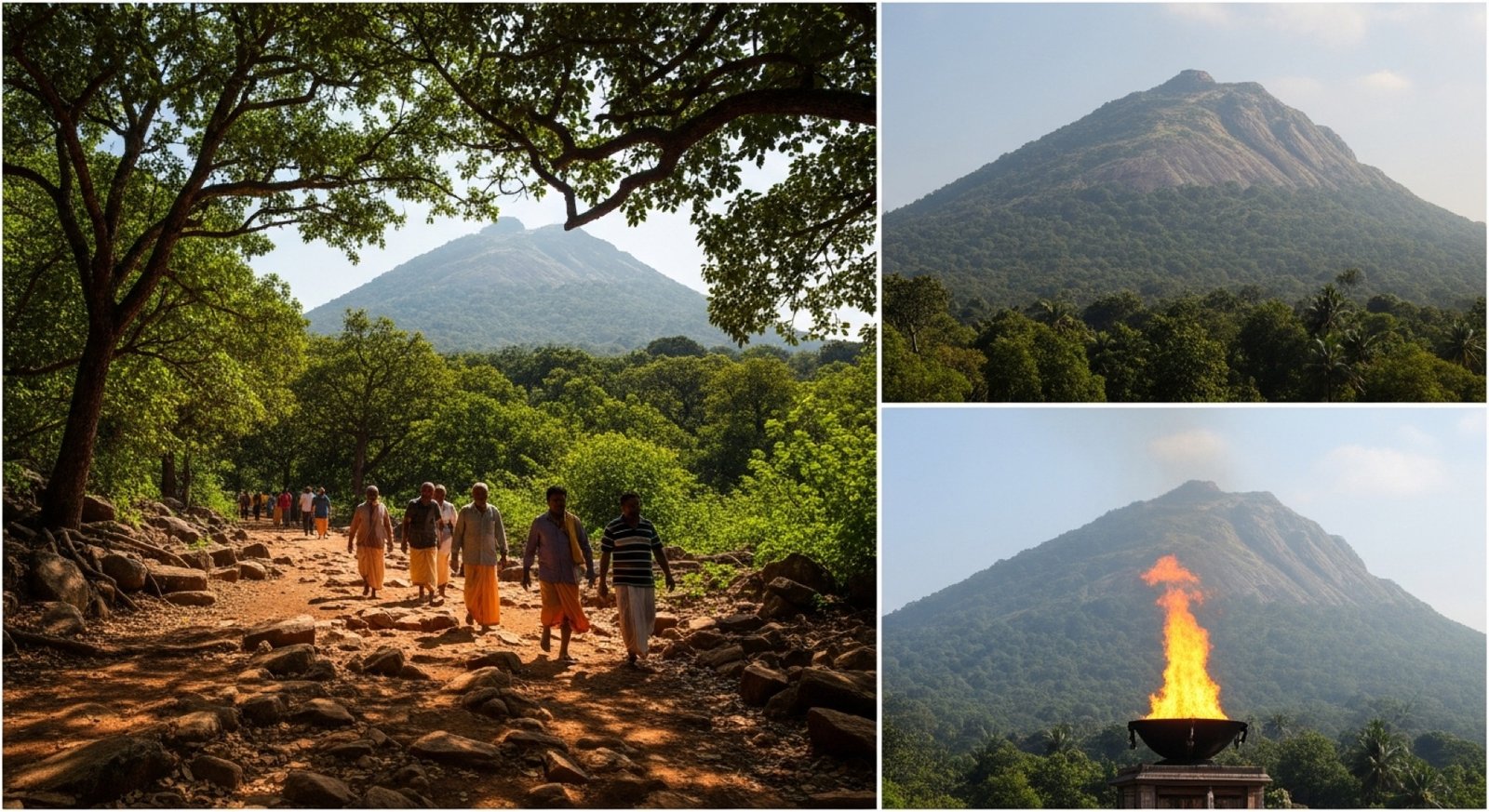 Triptych illustration of Arunachala Hill, the Agni Lingam, and the Girivalam barefoot circumambulation