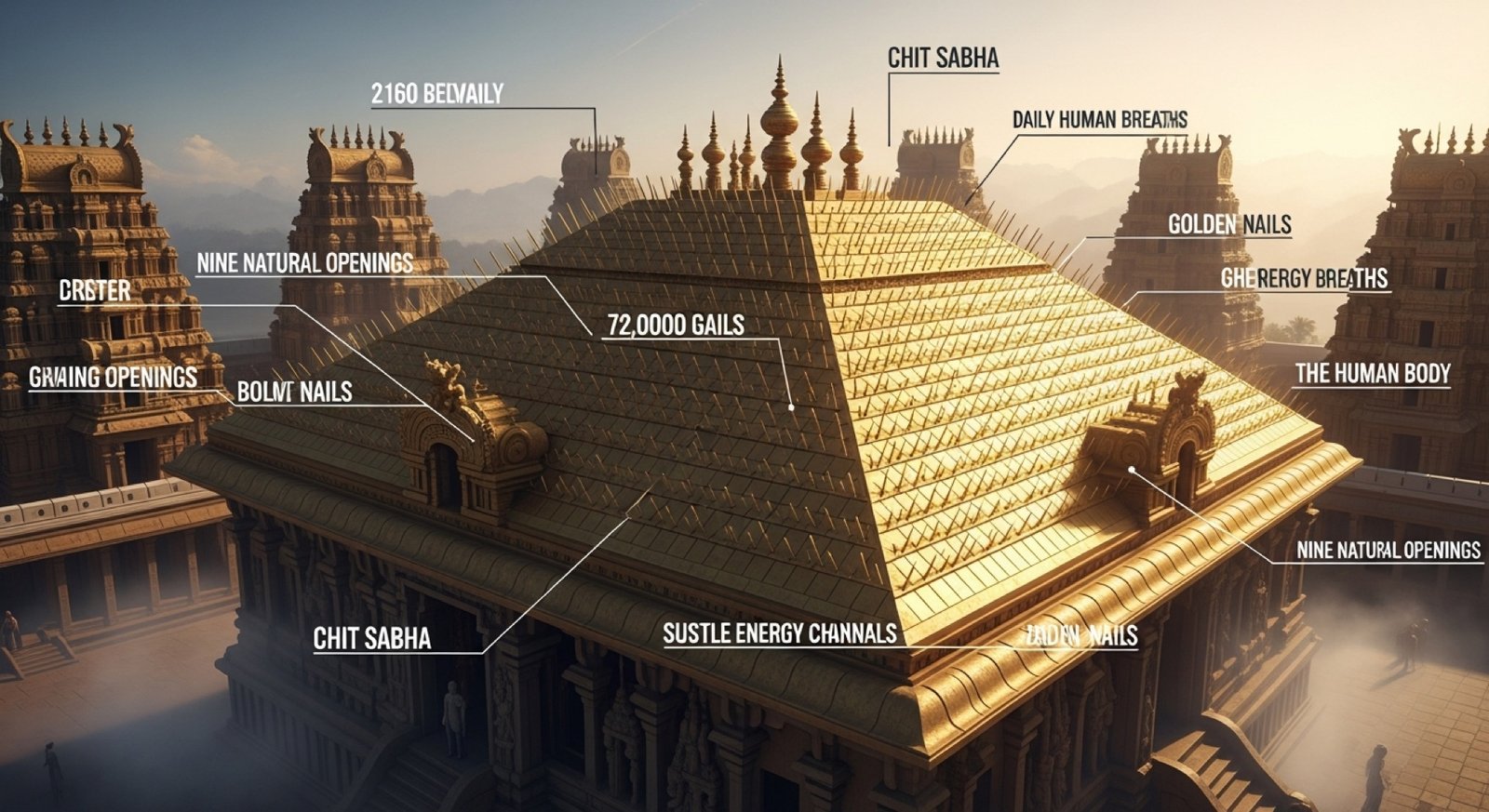 Esoteric diagram of the Chit Sabha roof showing the 72,000 nadis and 21,600 breath correspondences