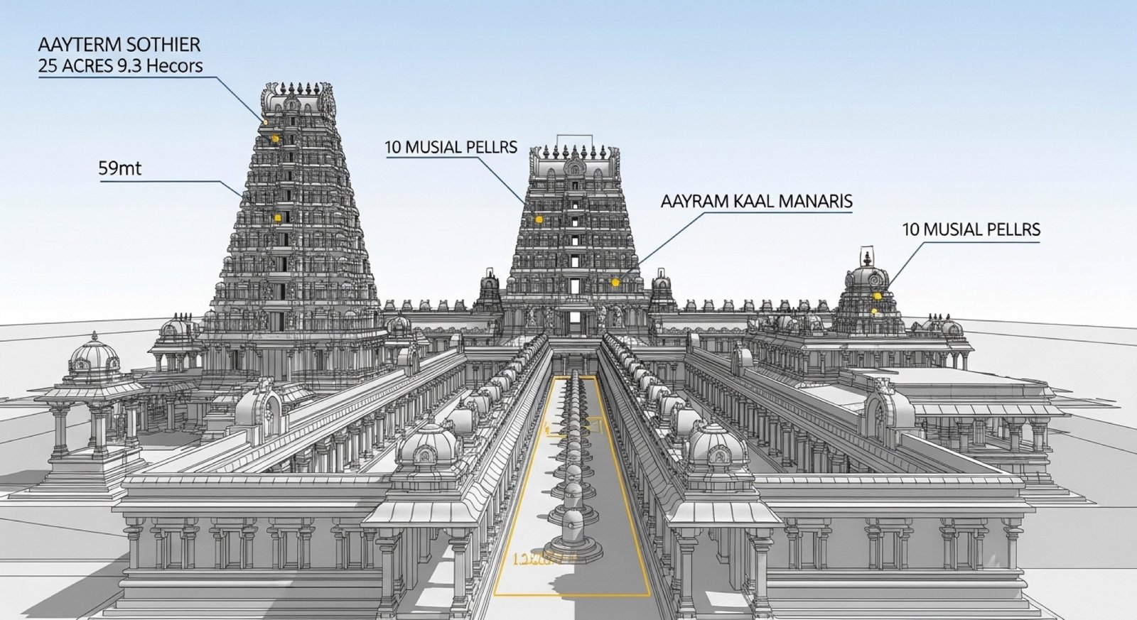 Architectural diagram of Ekambareswarar Temple at Kanchipuram showing the Raja Gopuram and the 1,000-pillared hall