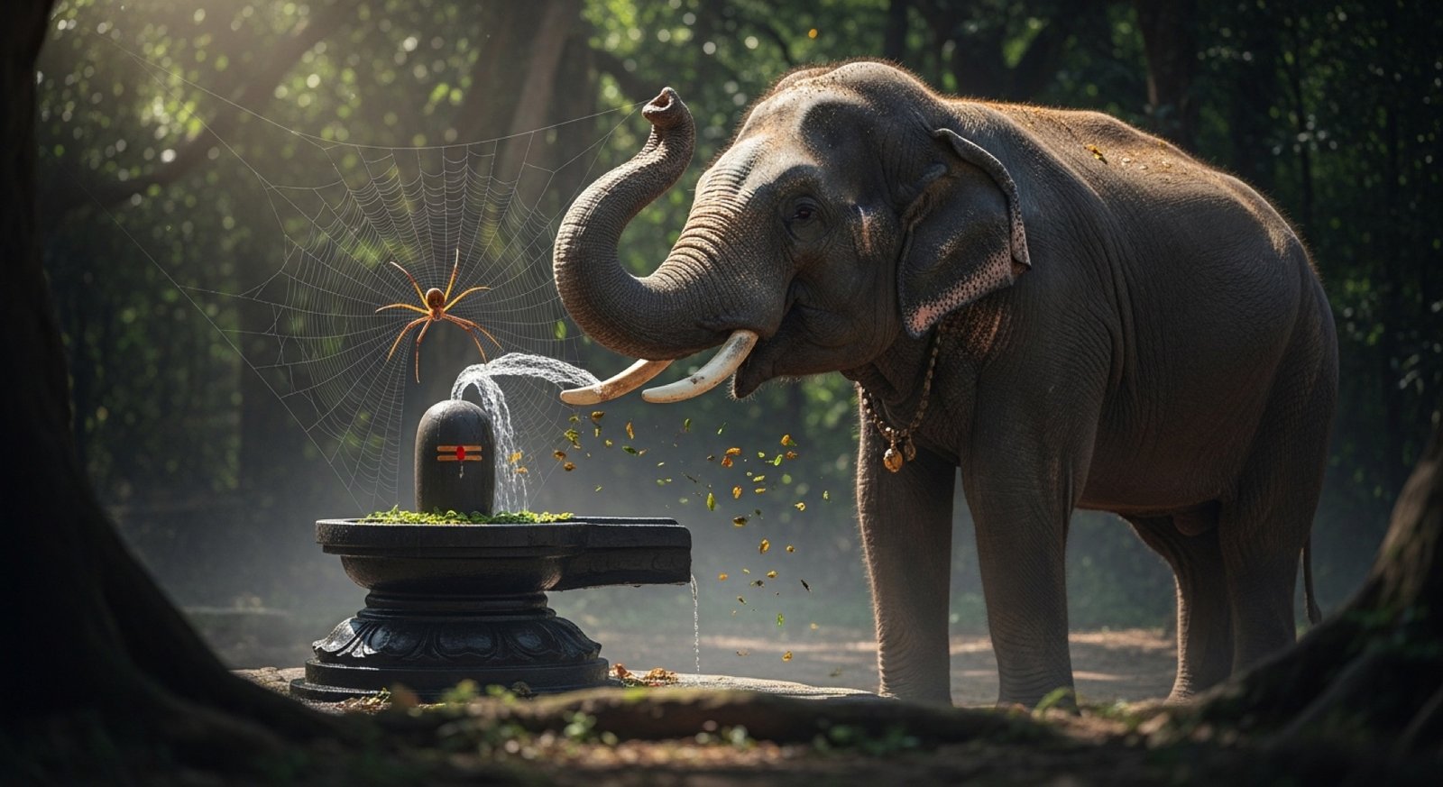 Illustration of an elephant worshipping a Shiva Lingam - the legend of Thiruvanaikaval