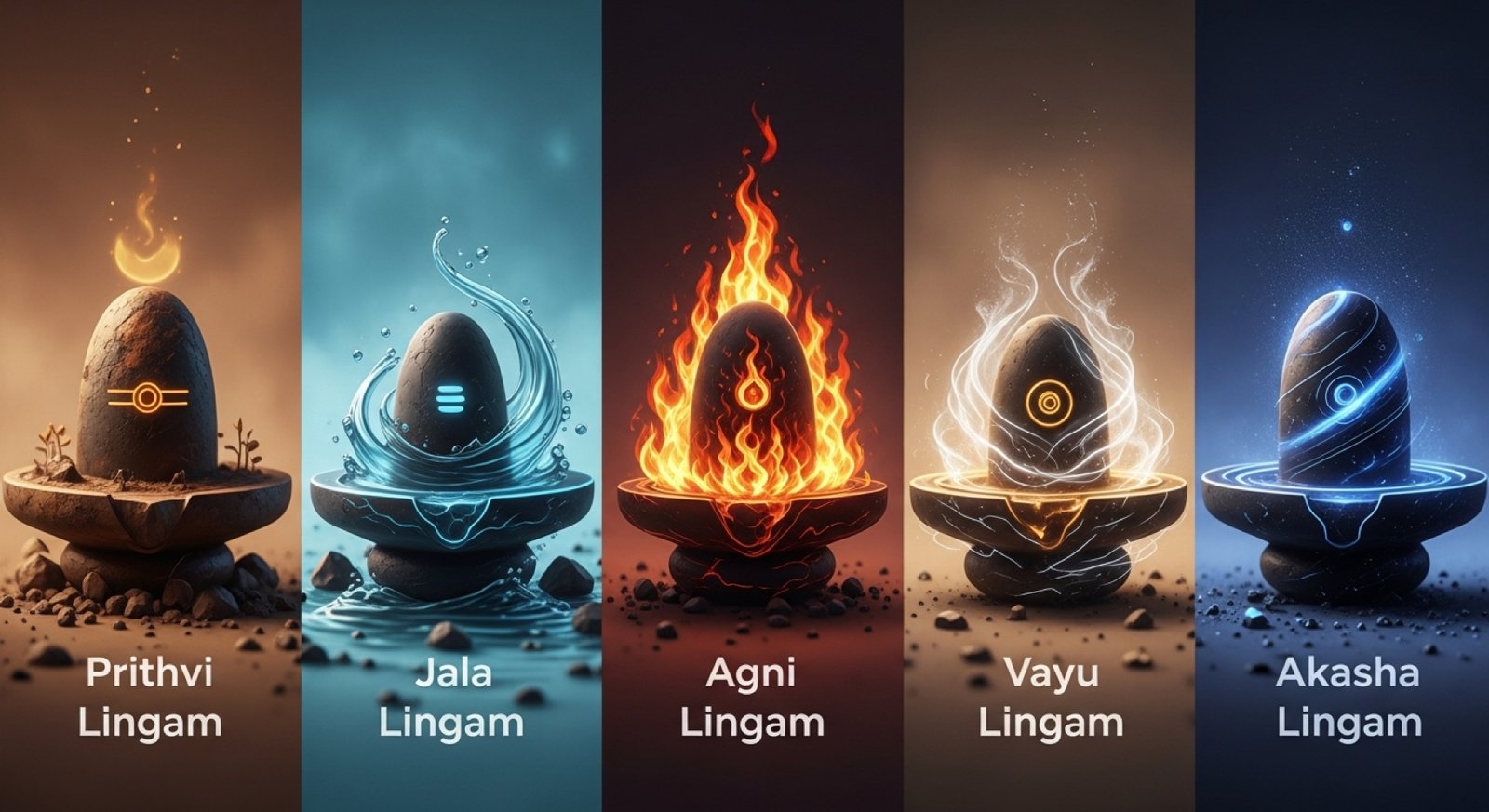 Pancha Bhoota Stalam - the five lingams of Earth, Water, Fire, Air, and Space