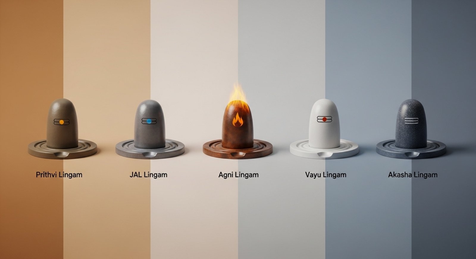 Labelled diagram of the five Pancha Bhoota lingams with their elements and associated temples