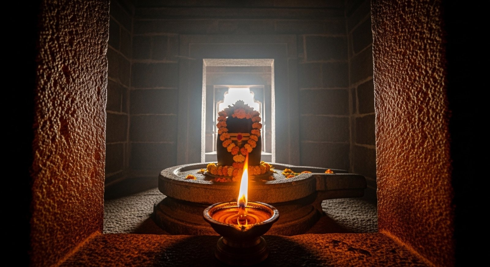Dark inner sanctum with a single flickering lamp - the Vayu Lingam signature at Srikalahasti