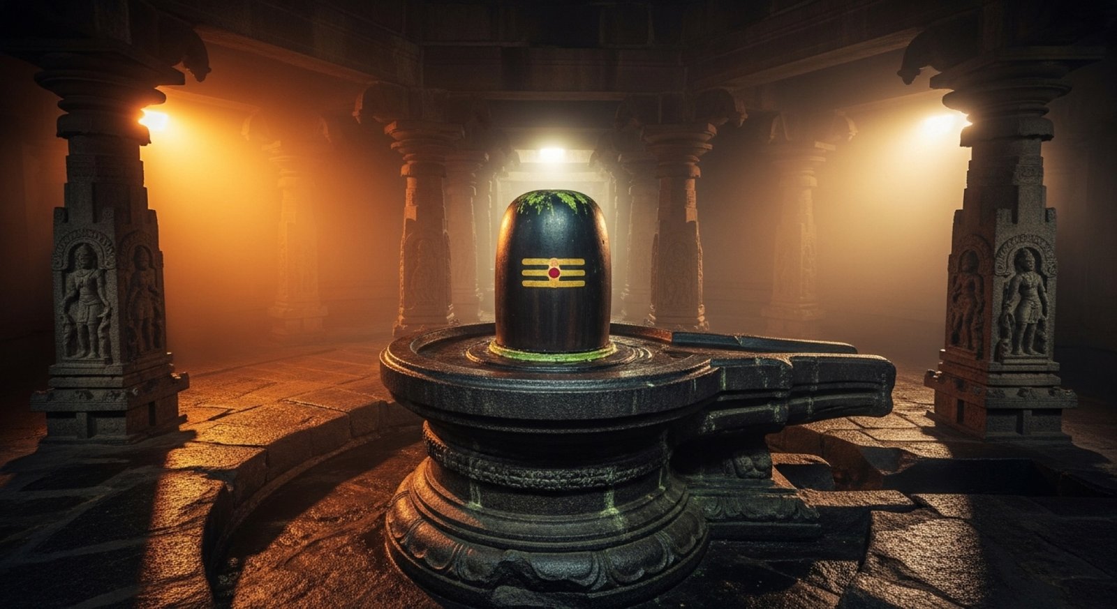 Illustrated sanctum with a glowing lingam between pillars, representing the Agni manifestation