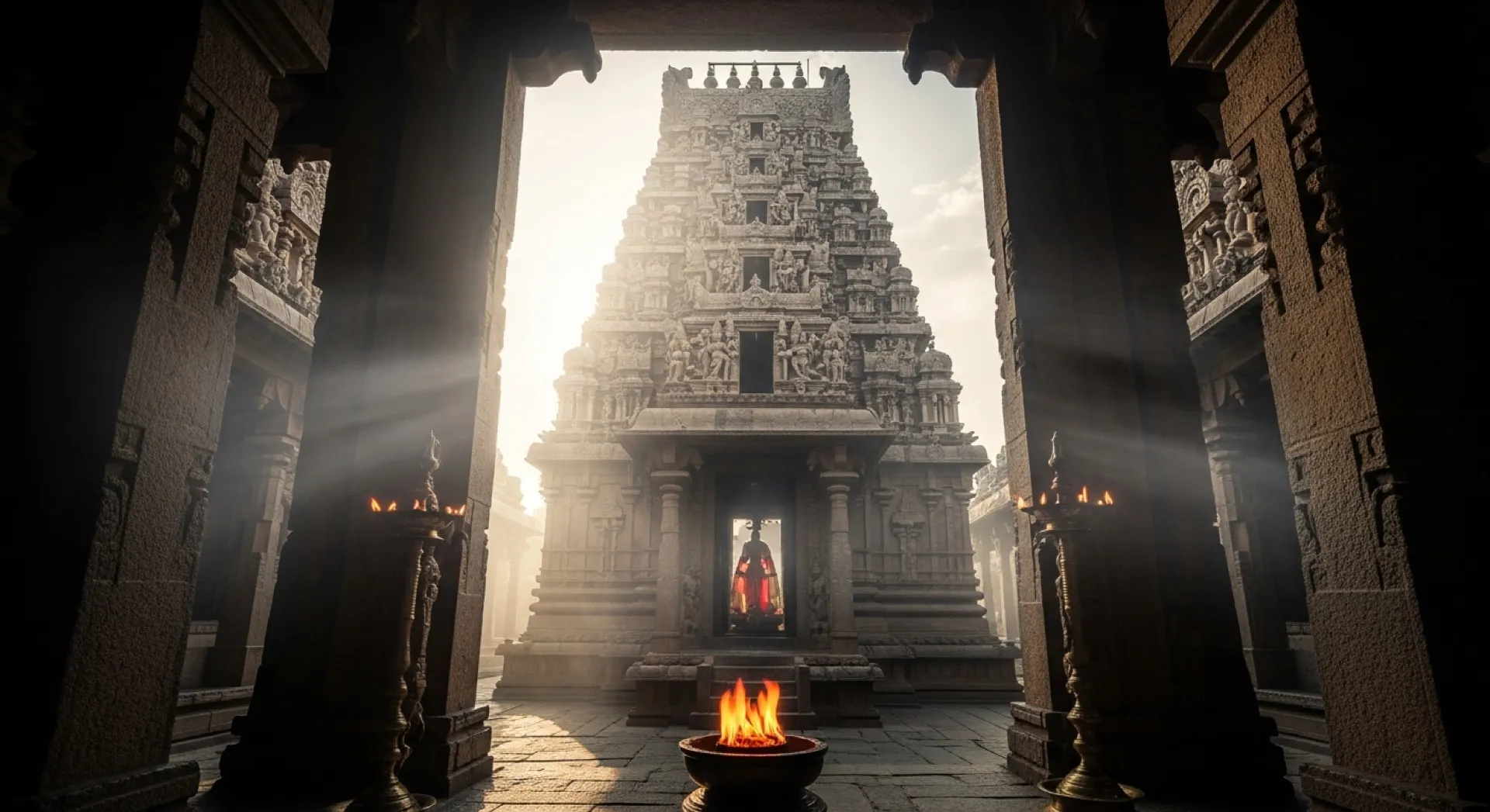 Carved South Indian temple gopuram lit by sunrise rays
