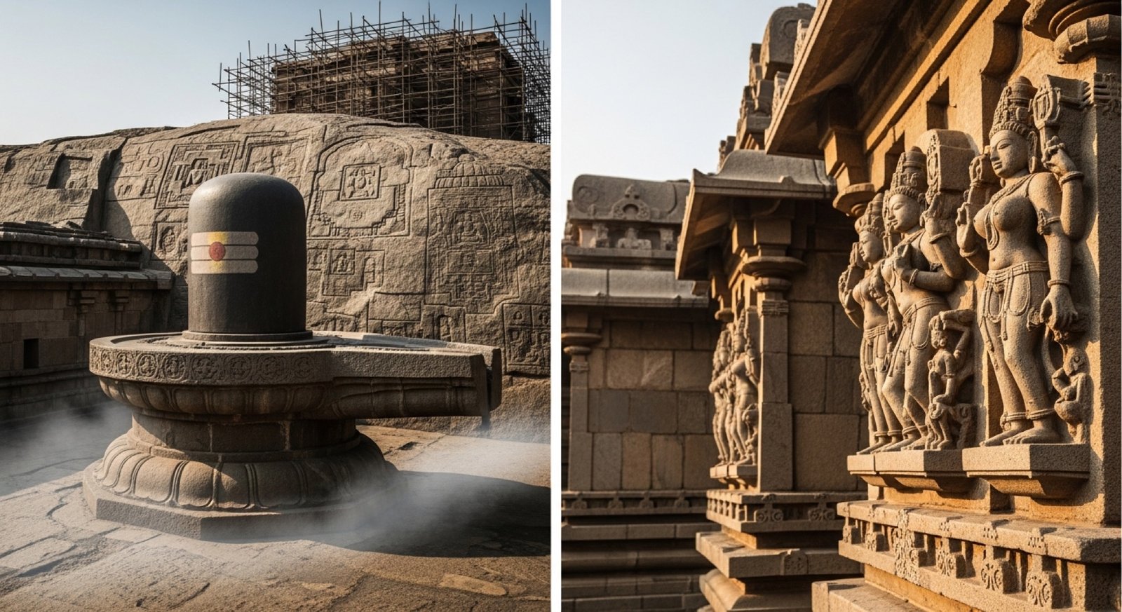Large Shaivite temple lingam next to a wall of intricate stone carvings