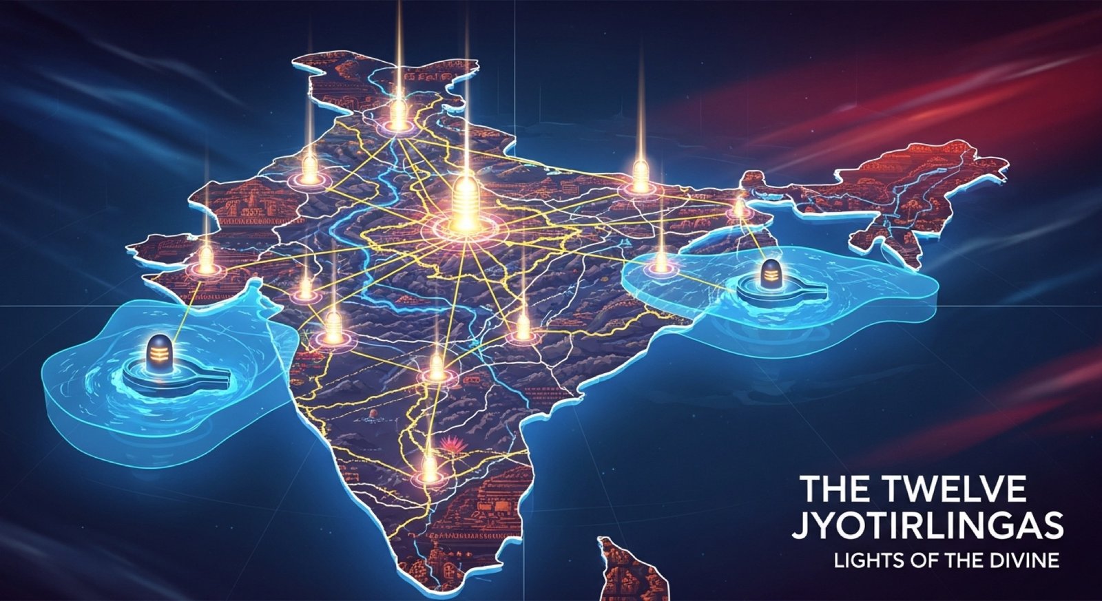 Map of India showing the 12 Jyotirlingas from Somnath to Rameshwaram